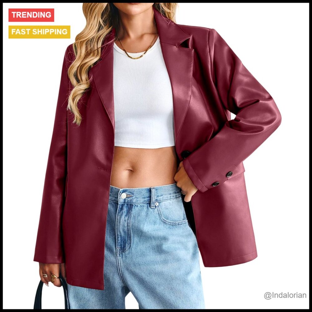 Faux Leather Blazer Oversized Bomber Jacket Classic Chic Button Down With